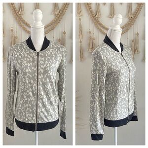 Anthropologie Three Dot leopard zip sweatshirt neutral minimalist animal print S